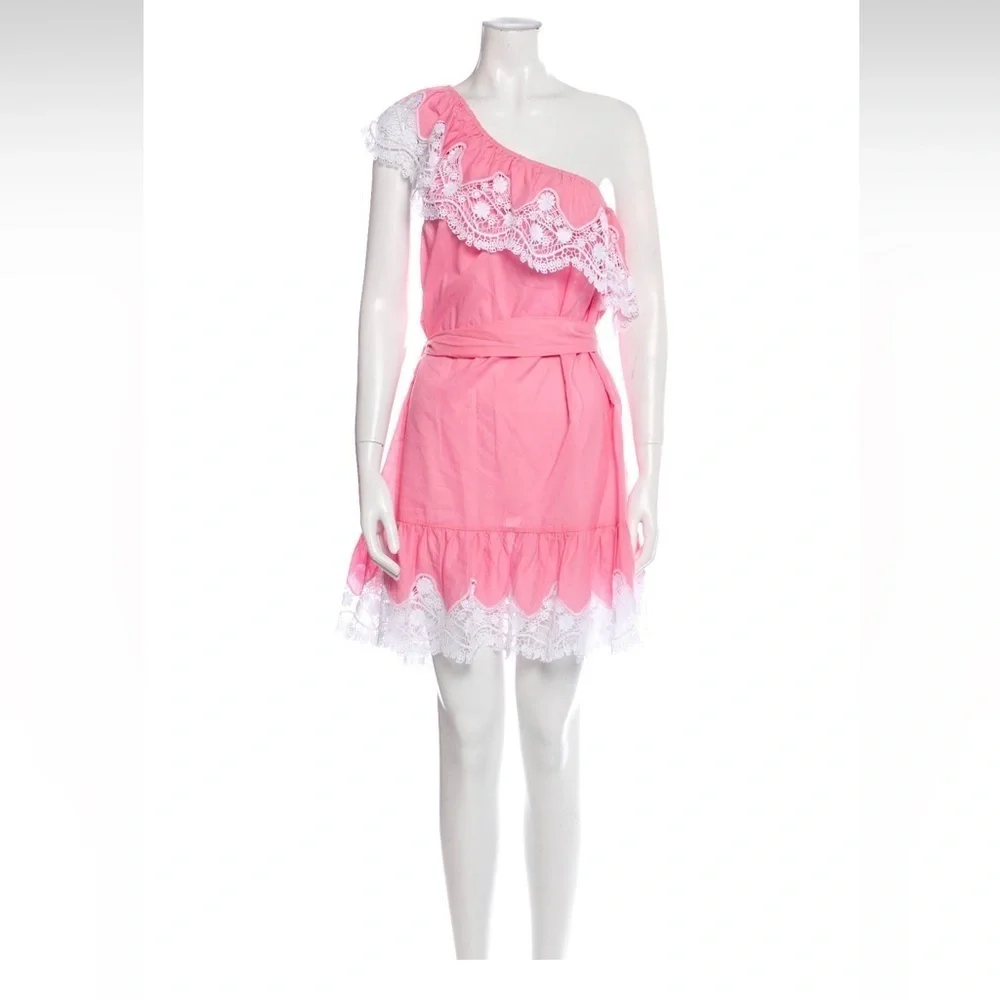 NWT. Tuckernuck. Miguelina Summer Pink Cotton and Lace One Shoulder Dress. Small - Picture 3 of 6
